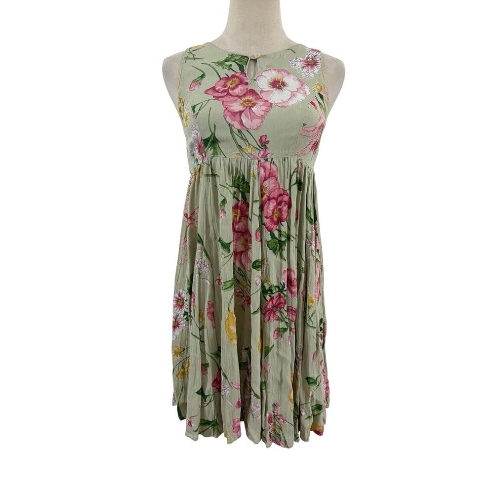 Vtg 90s‎ Starina Babydoll Mini Dress Sz S Green Floral Grunge Garden Party Boho
